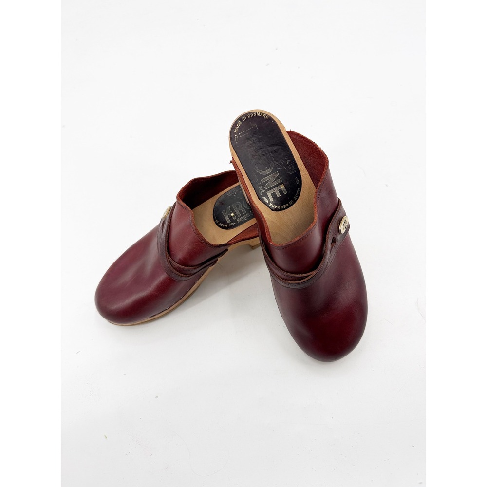Krone Saga Holstebro Denmark Burgundy Leather Wooden Clogs 36 vintage